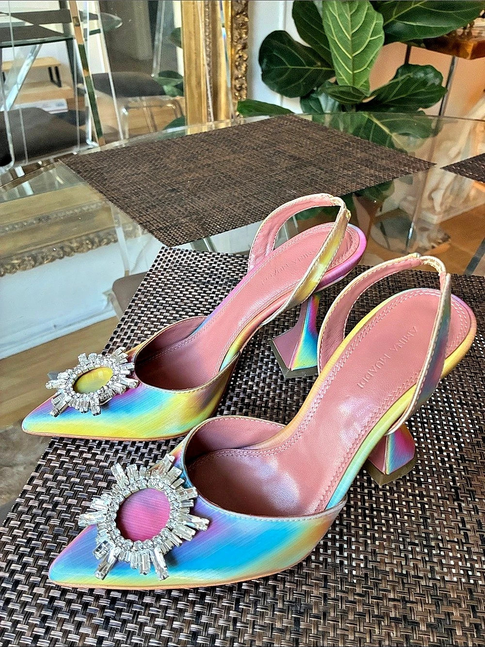 Amina Muaddi Begum Slingback Pumps Iridescent Pink & Green Heels size 38